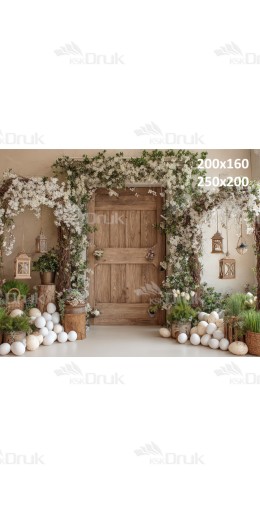 Tło fotograficzne „Drewniane drzwi z białymi kwiatami i wielkanocnymi dekoracjami” | E623